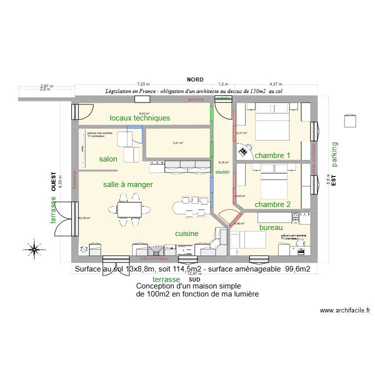 Maison Sud 100m2 05. Plan de 7 pièces et 94 m2