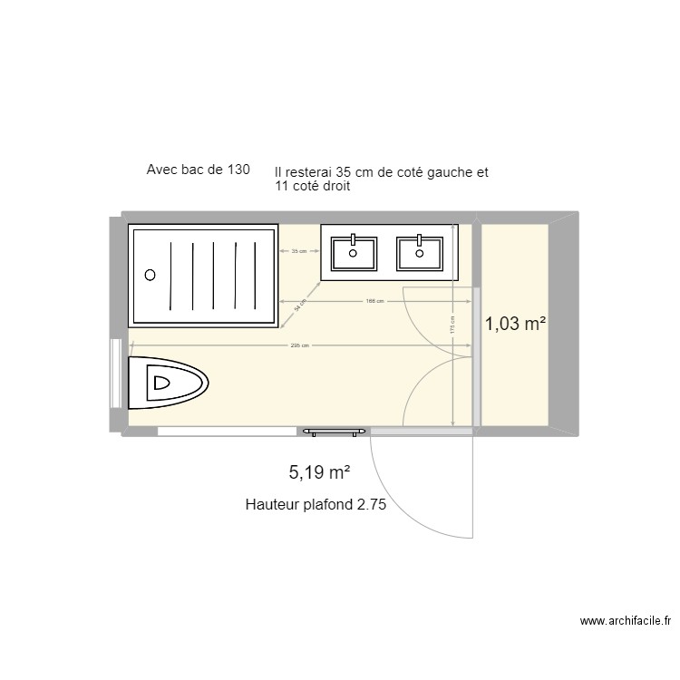 SDB BOUR RDC 130. Plan de 2 pièces et 6 m2