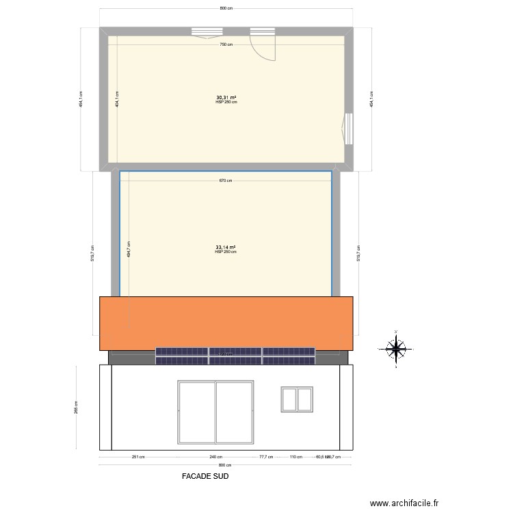 sud. Plan de 2 pièces et 63 m2