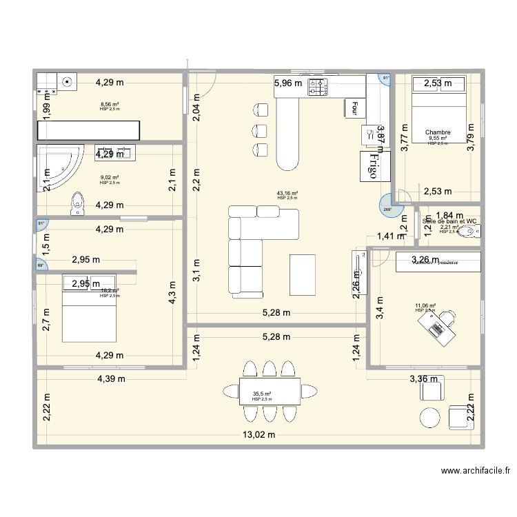 PLAN F4 MARS 2025 1SDB + WCSUP. Plan de 8 pièces et 137 m2