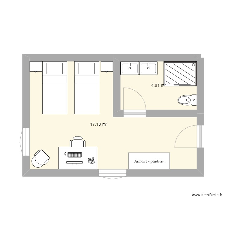 CHAMBRE TWIN. Plan de 2 pièces et 22 m2