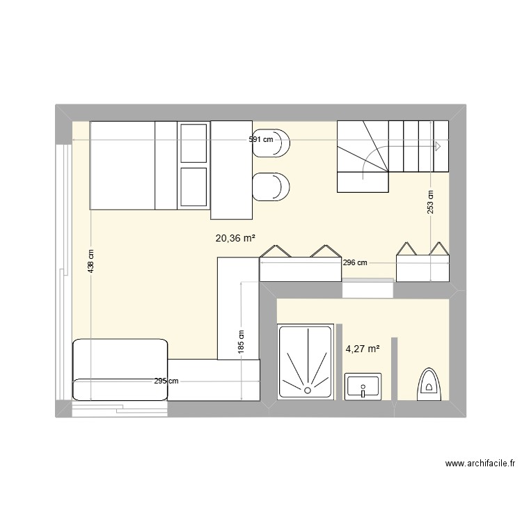 sudio. Plan de 2 pièces et 25 m2