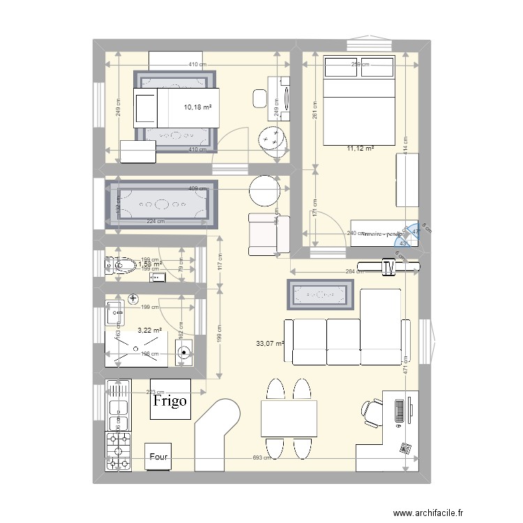 Massage et vie simple. Plan de 5 pièces et 59 m2