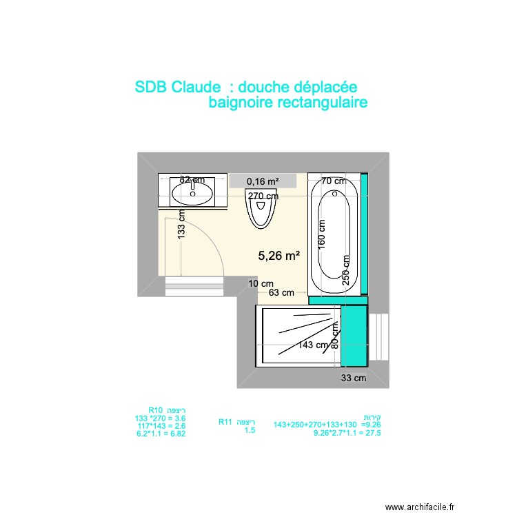 Sdb Claude 3. Plan de 1 pièce et 5 m2