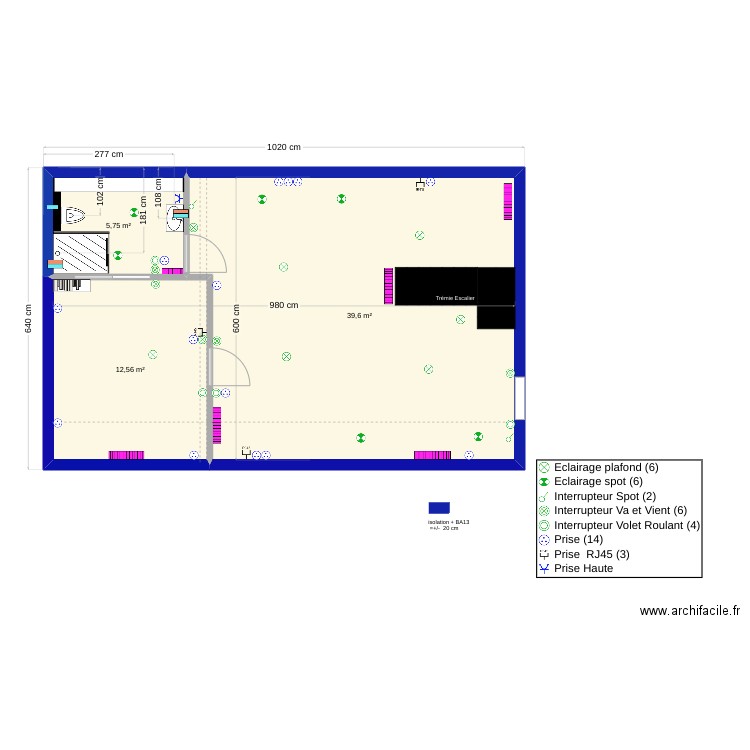 Étage_implantation_évacuation_chauffage. Plan de 3 pièces et 58 m2