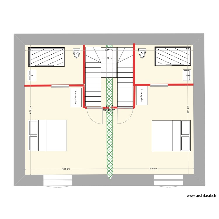 Plan étage avec un escalier central bifurqué asymétrique. Plan de 1 pièce et 56 m2