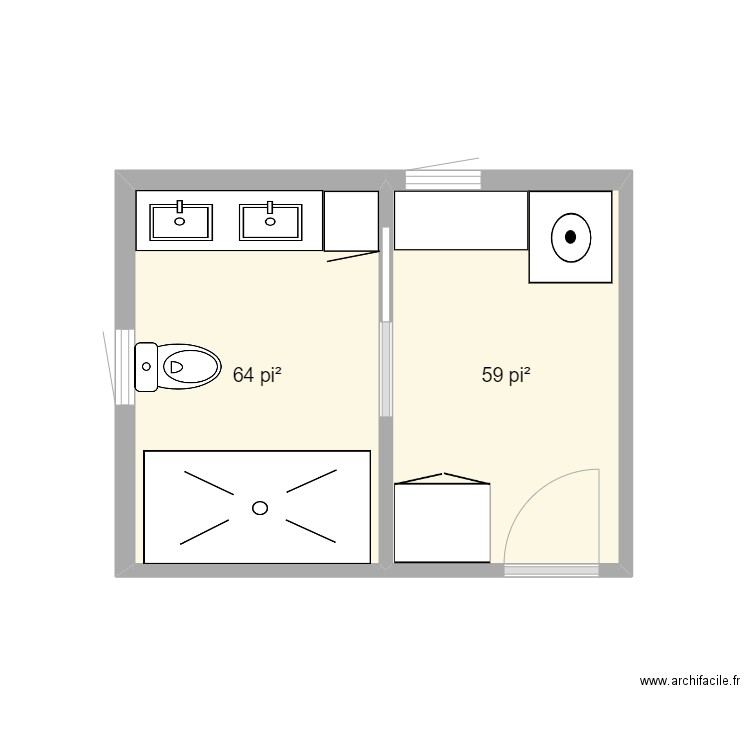 SDB. Plan de 2 pièces et 11 m2