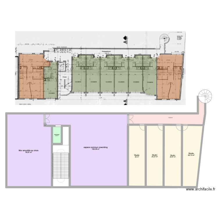 coworking. Plan de 9 pièces et 315 m2