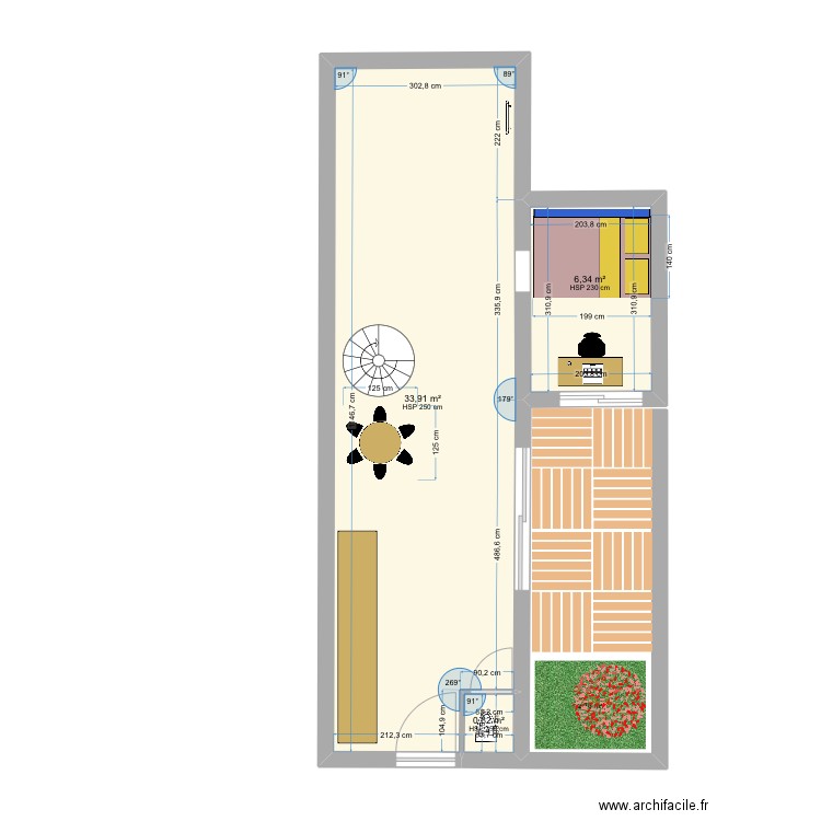 RDC maison etroite. Plan de 3 pièces et 41 m2