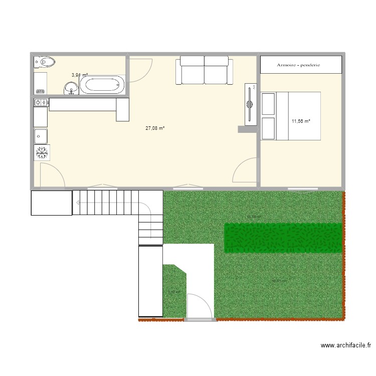 closerie. Plan de 3 pièces et 43 m2