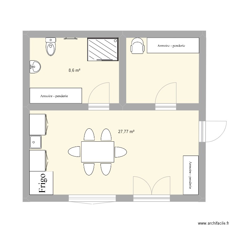 extension. Plan de 2 pièces et 36 m2