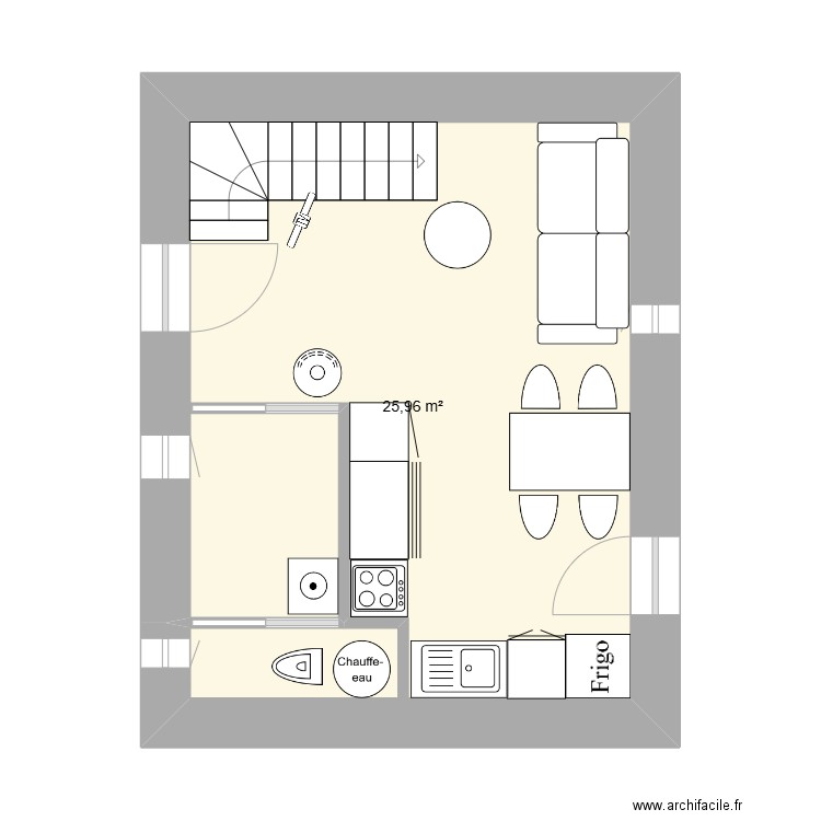 Mazot rdc v1. Plan de 1 pièce et 26 m2