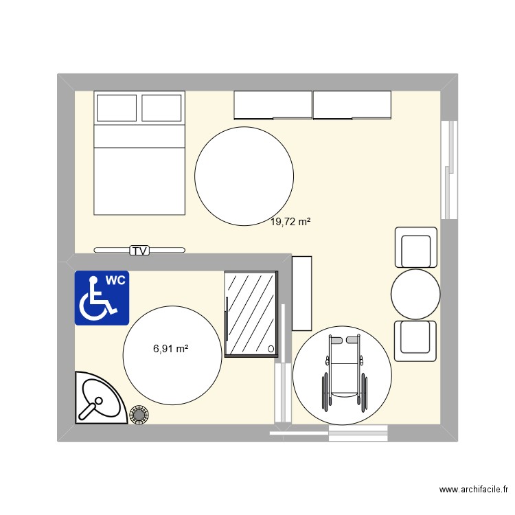 Salle de bain au norme PMR. Plan de 2 pièces et 27 m2