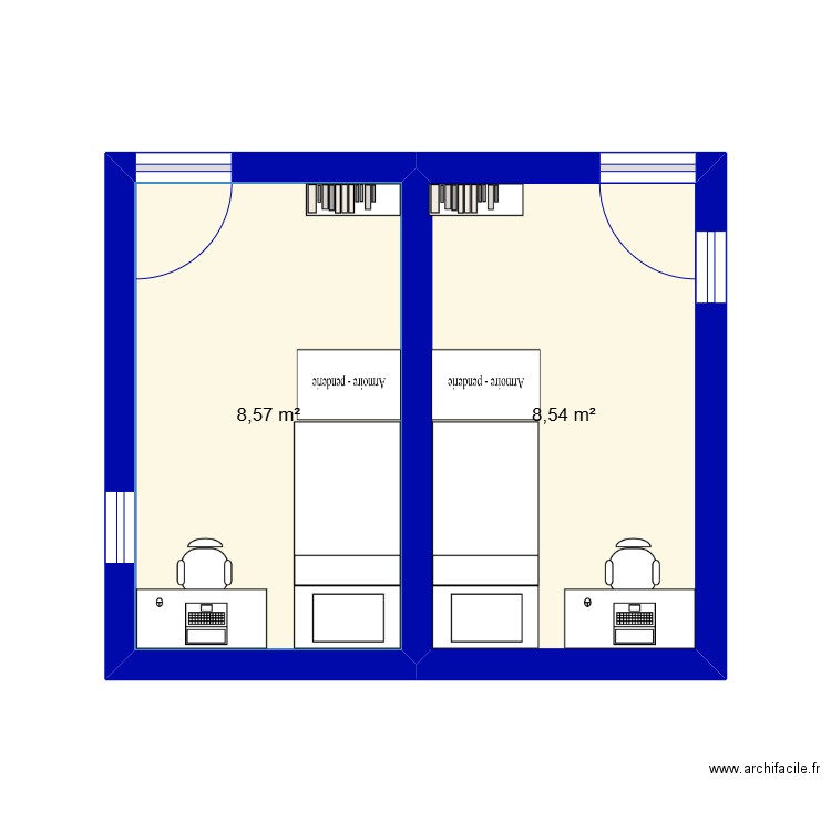 chambre enfants. Plan de 2 pièces et 17 m2