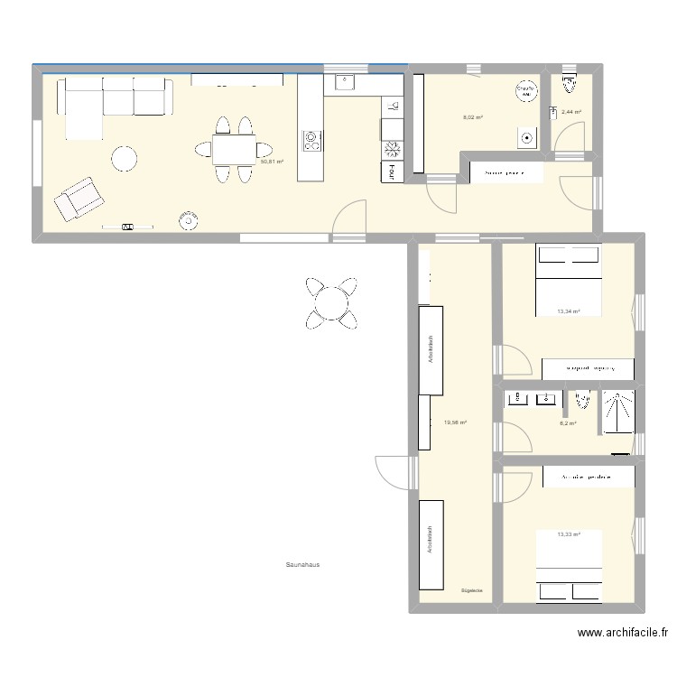 Bungalow L-Form ohne Sauna. Plan de 7 pièces et 114 m2