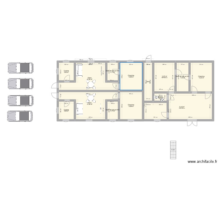 JUJU. Plan de 14 pièces et 163 m2