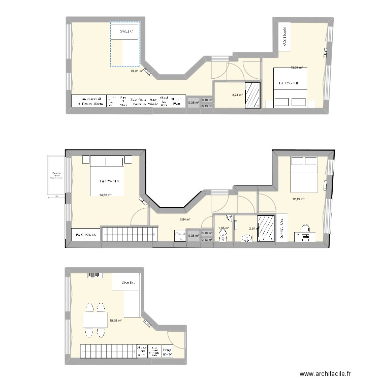 Duplex 2. Plan de 15 pièces et 101 m2