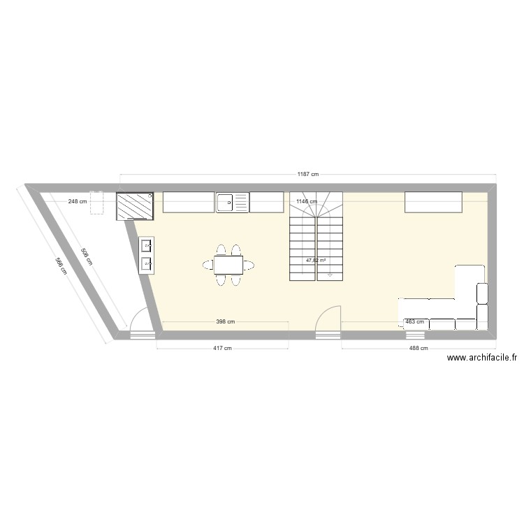 Rez de chaussée. Plan de 1 pièce et 48 m2