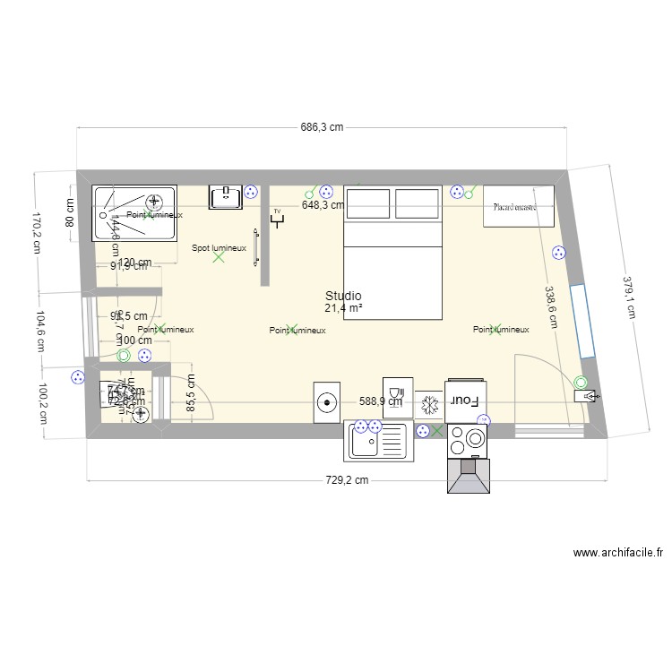 Studio. Plan de 2 pièces et 22 m2