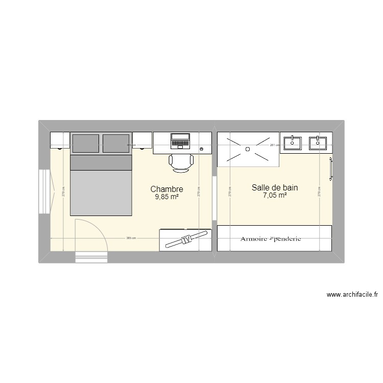 suite. Plan de 2 pièces et 17 m2