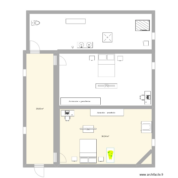 chambre et salle de bain . Plan de 2 pièces et 55 m2