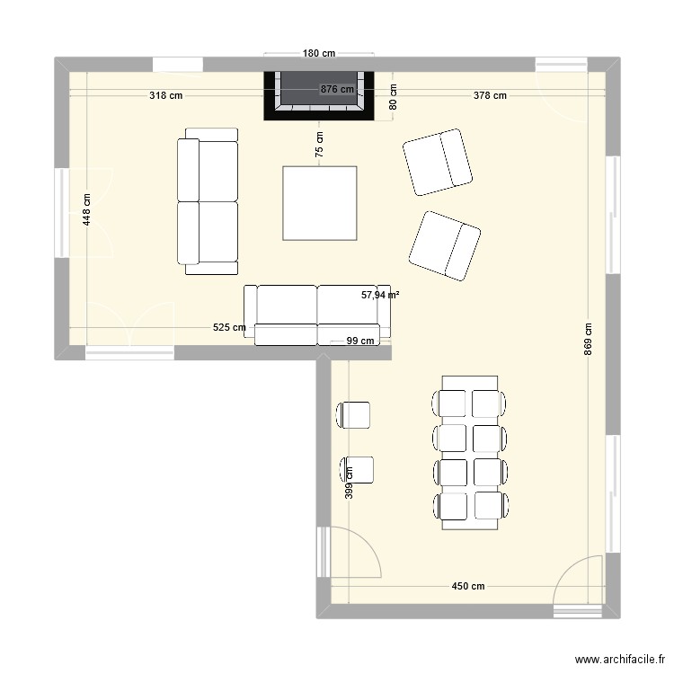 salon. Plan de 1 pièce et 58 m2