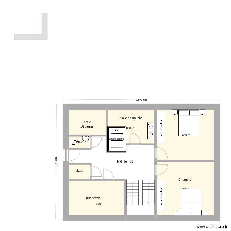 Etage. Plan de 7 pièces et 65 m2