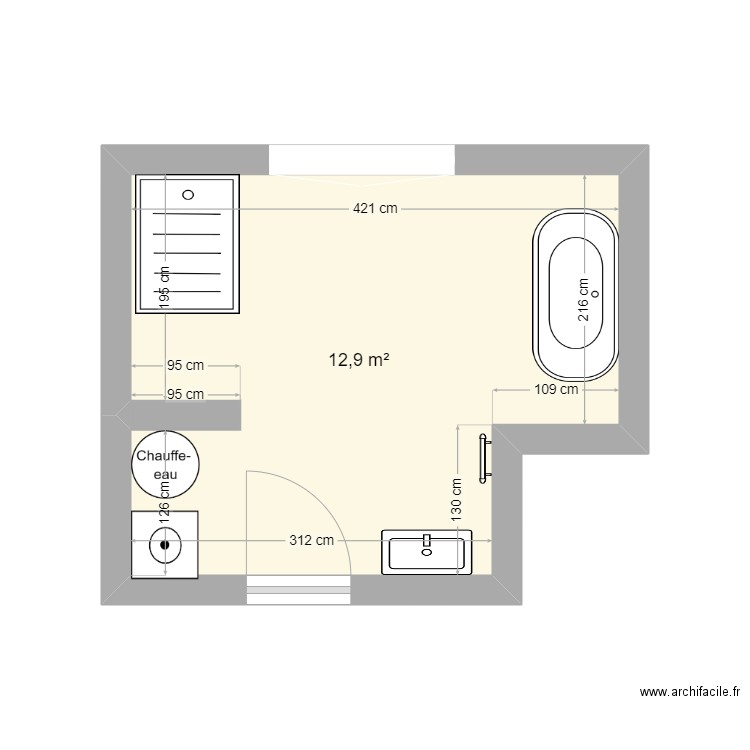 salle de bain2. Plan de 1 pièce et 13 m2