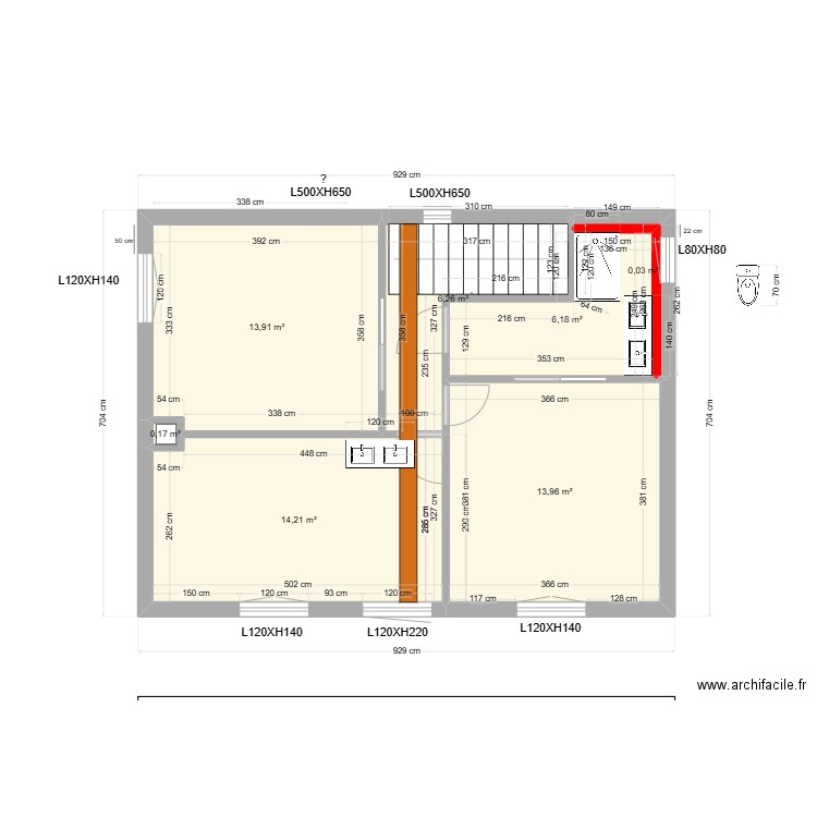 etage nouvelle salle de bain. Plan de 7 pièces et 55 m2