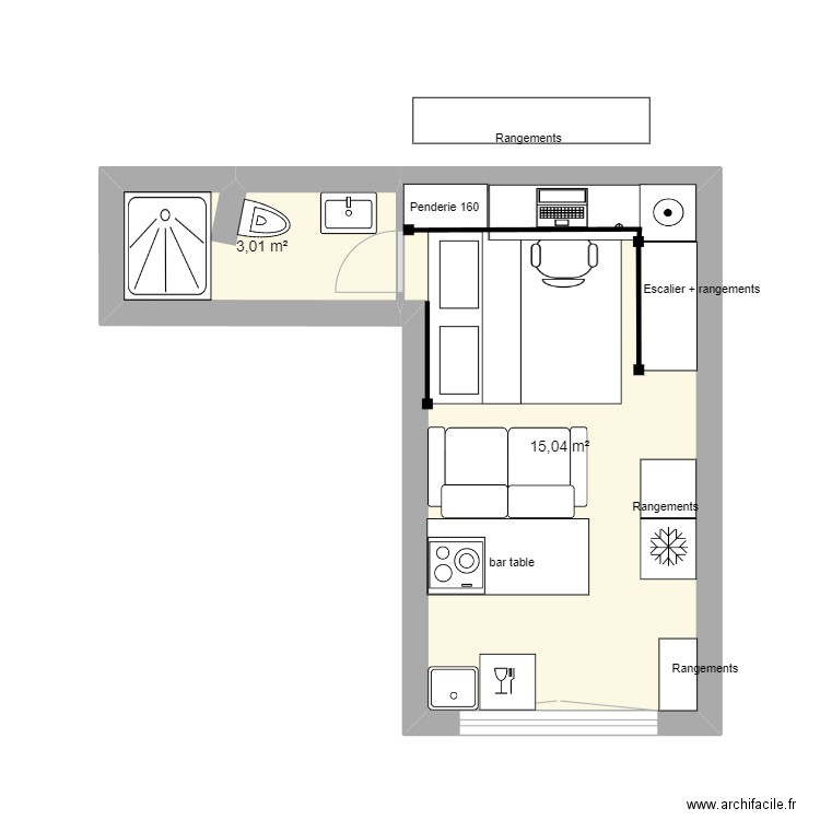 Non Séparé - Bas. Plan de 2 pièces et 18 m2