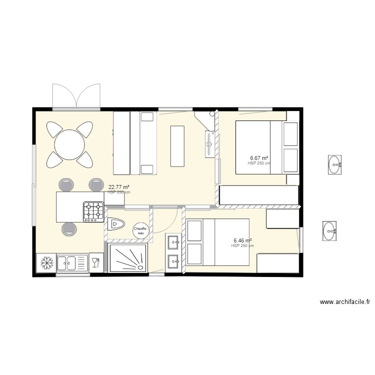 chalet 40 m2. Plan de 3 pièces et 36 m2