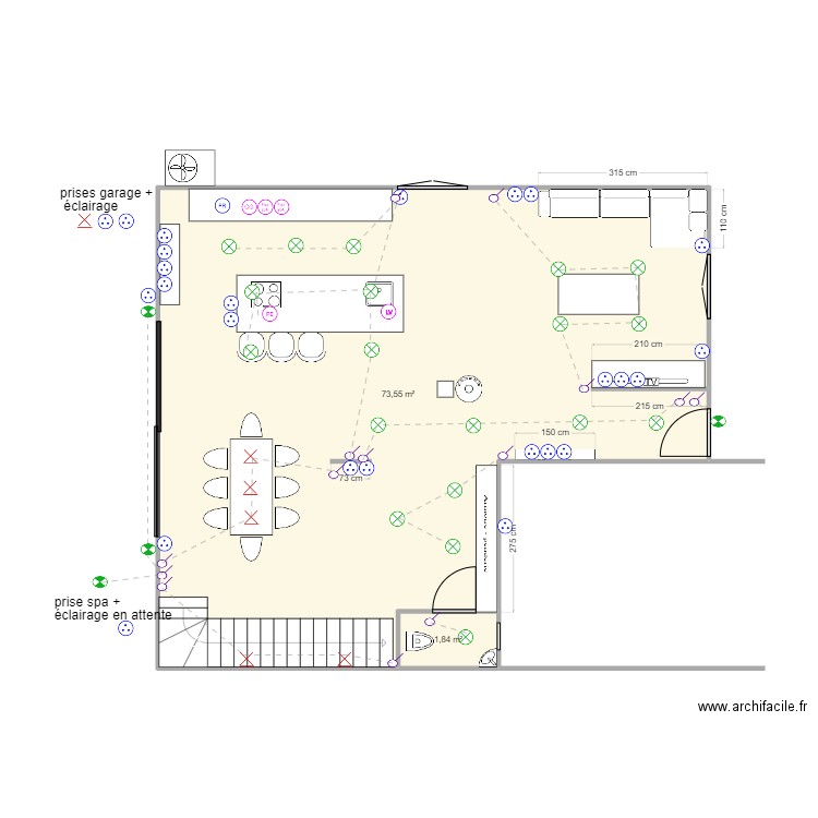 RCH electricite. Plan de 2 pièces et 75 m2