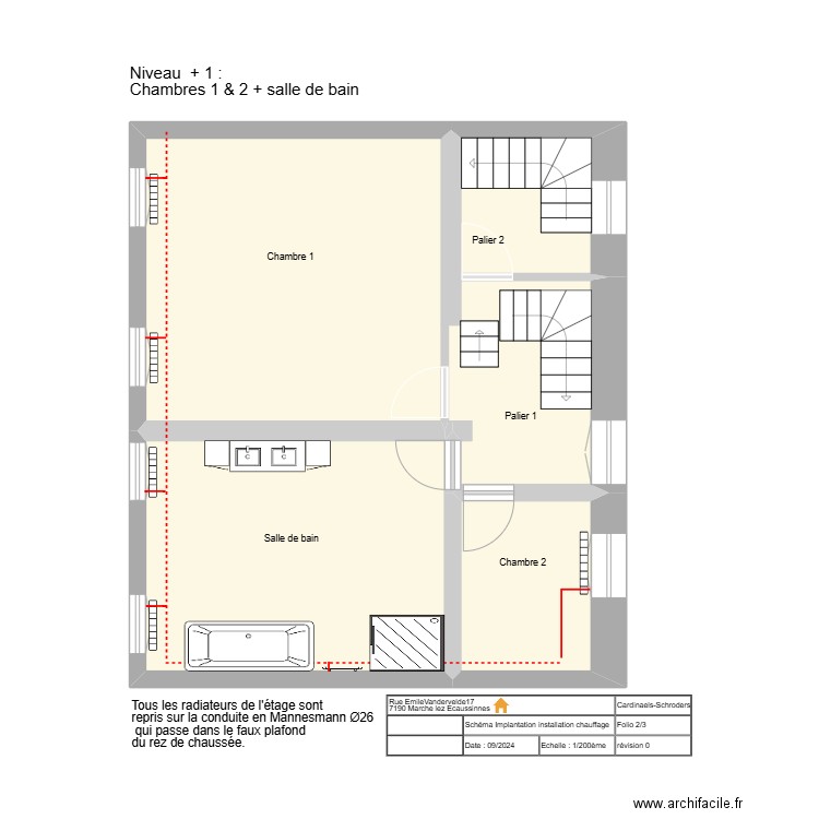 Plan Niveau+1_Chambre 1 & 2 - salle de bain. Plan de 3 pièces et 56 m2