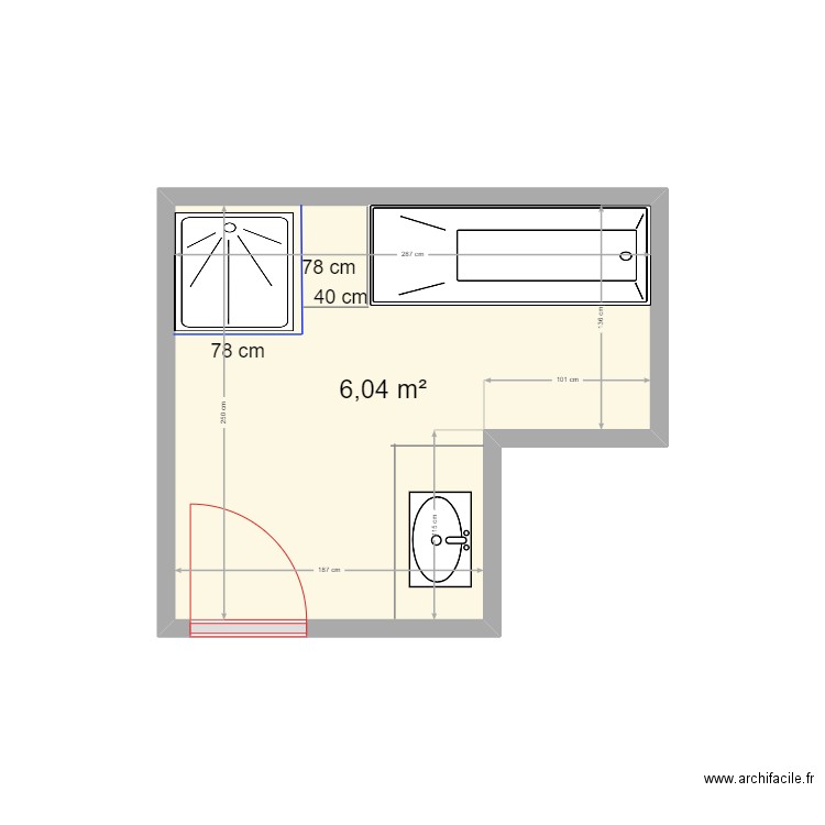 Projet salle de bain après. Plan de 1 pièce et 6 m2