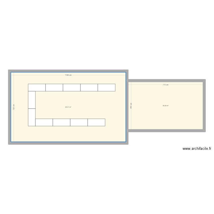 SALLE. Plan de 2 pièces et 124 m2