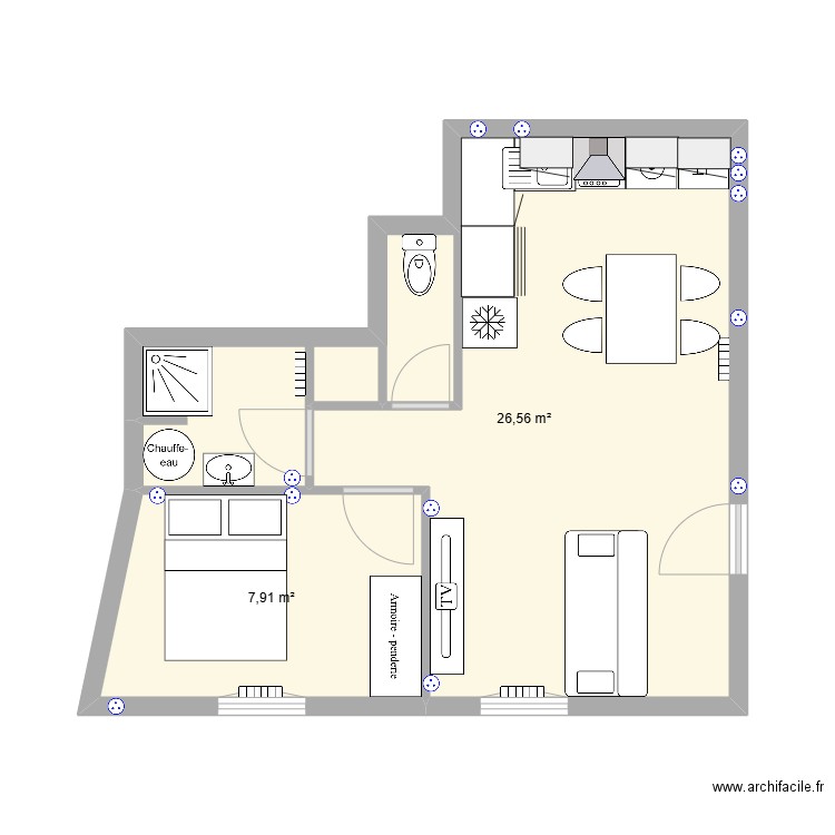 Perrières. Plan de 2 pièces et 34 m2