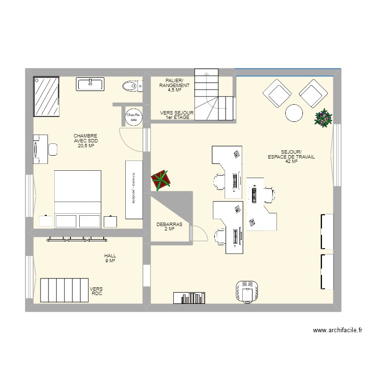 PLATEAU 1er ETAGE. Plan de 6 pièces et 75 m2