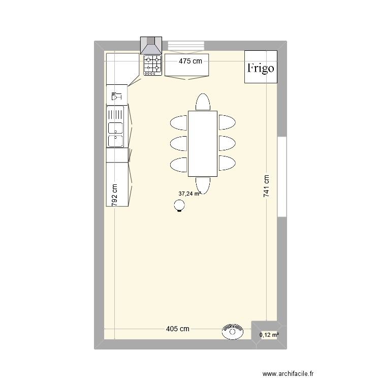 cuisine. Plan de 2 pièces et 37 m2