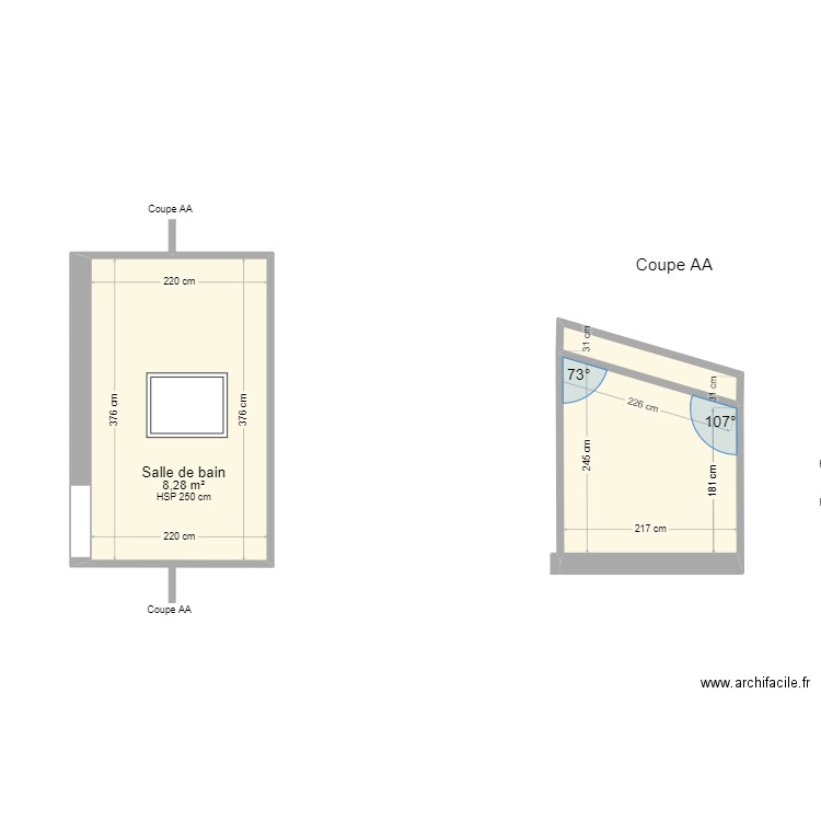 Blondin SDB ETA. Plan de 3 pièces et 14 m2