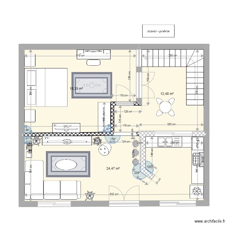 studio. Plan de 3 pièces et 55 m2