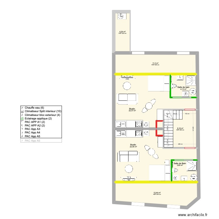 R+1 au R+3. Plan de 31 pièces et 314 m2