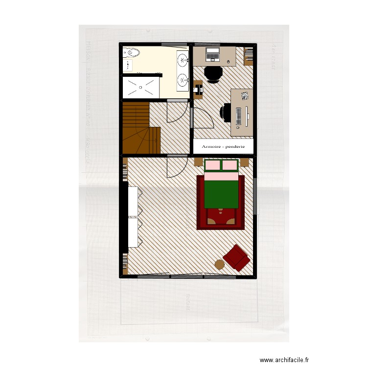 Etage maison. Plan de 4 pièces et 47 m2