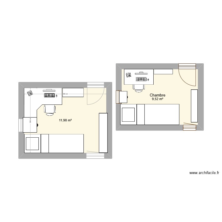 Chambre sam. Plan de 2 pièces et 21 m2