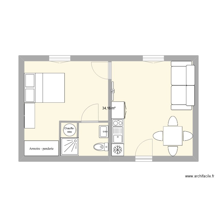 T2 Arca. Plan de 1 pièce et 34 m2