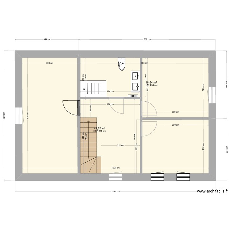 ETAGE VLV 1B vide. Plan de 2 pièces et 61 m2