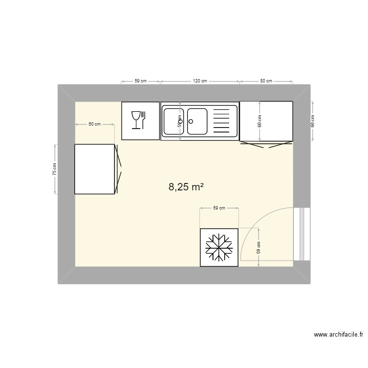 cuisine erable vue du dessus. Plan de 1 pièce et 8 m2