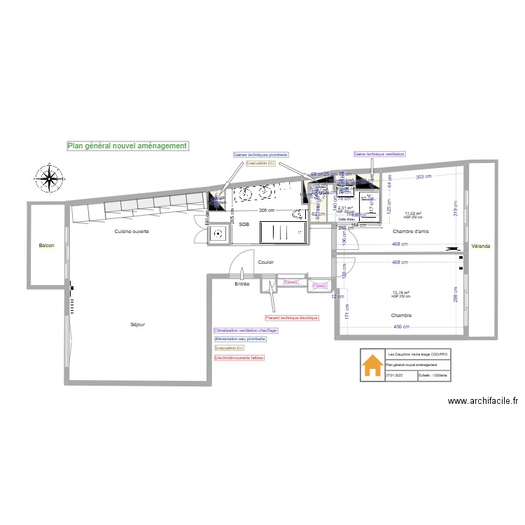 Plan  nouvel agencement bis. Plan de 7 pièces et 30 m2