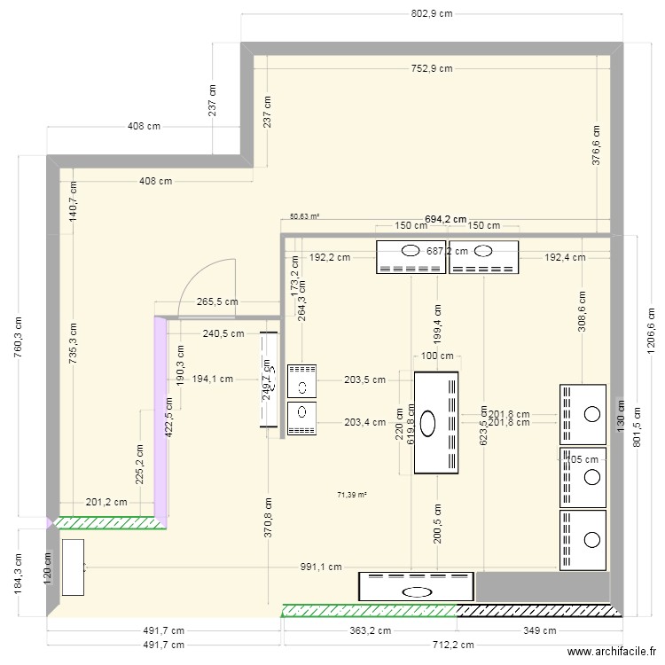 espace service. Plan de 2 pièces et 122 m2