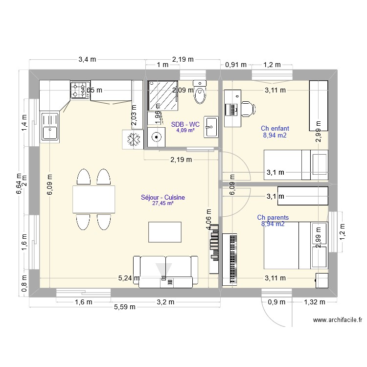 MOB Plan de niveau. Plan de 3 pièces et 50 m2