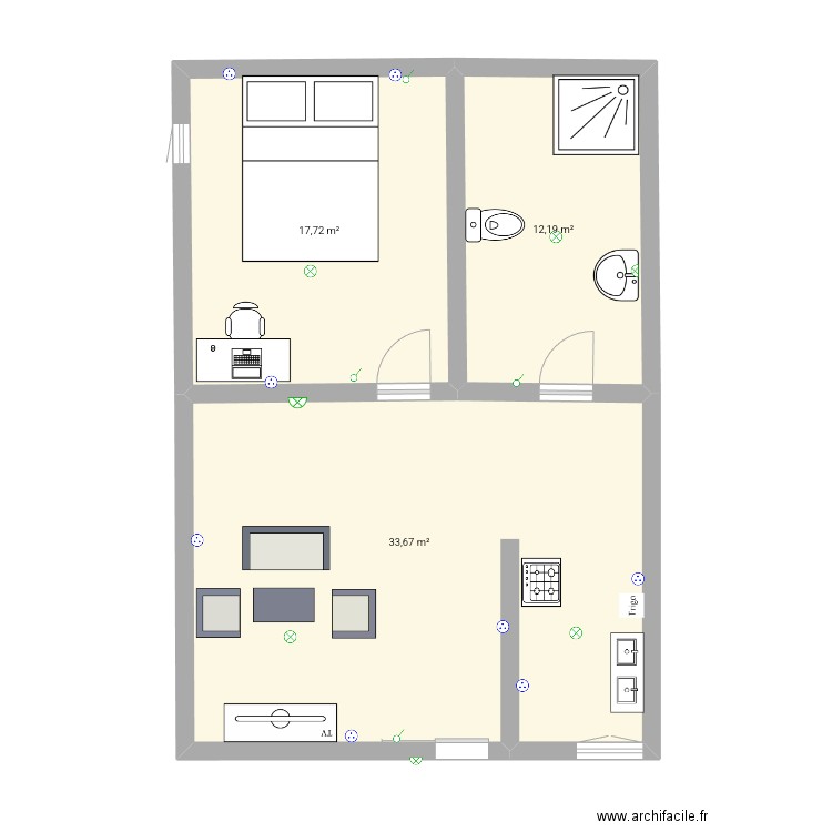 Chambre américaine . Plan de 3 pièces et 64 m2